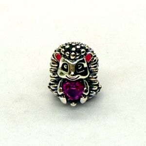 Hedgehog Charm Sterling Silver Bead with Pink Heart Crystal Animal Jewelry